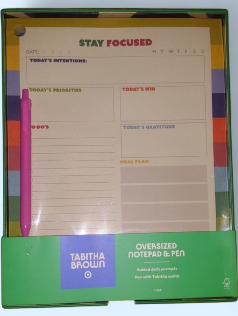 Tabitha Oversized Stay Focused Notepad with Hot Pink Pen NEW